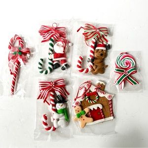 Christmas Ornament Set, Clay Candy Cane, Gingerbread House, Santa
